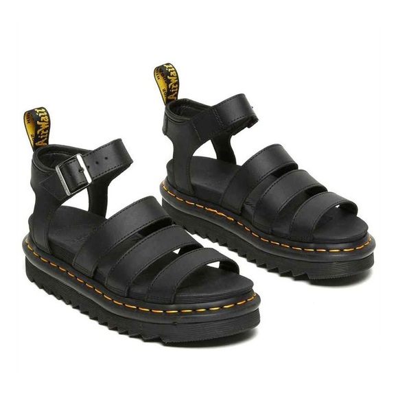 Dr. Martens Black Leather Strappy Platform Sandals with Yellow Stitching - Picture 4 of 6